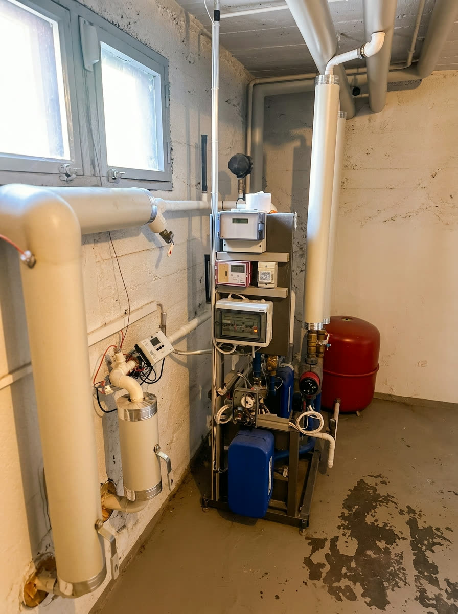 Modernt tekniskt rum med rör och tryckmätare